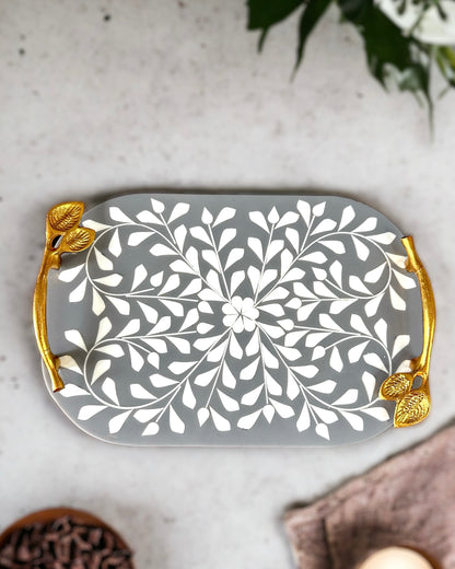 Handcrafted Oval Bone Inlay Leaf Tray, Grey - 12 x 8 inches