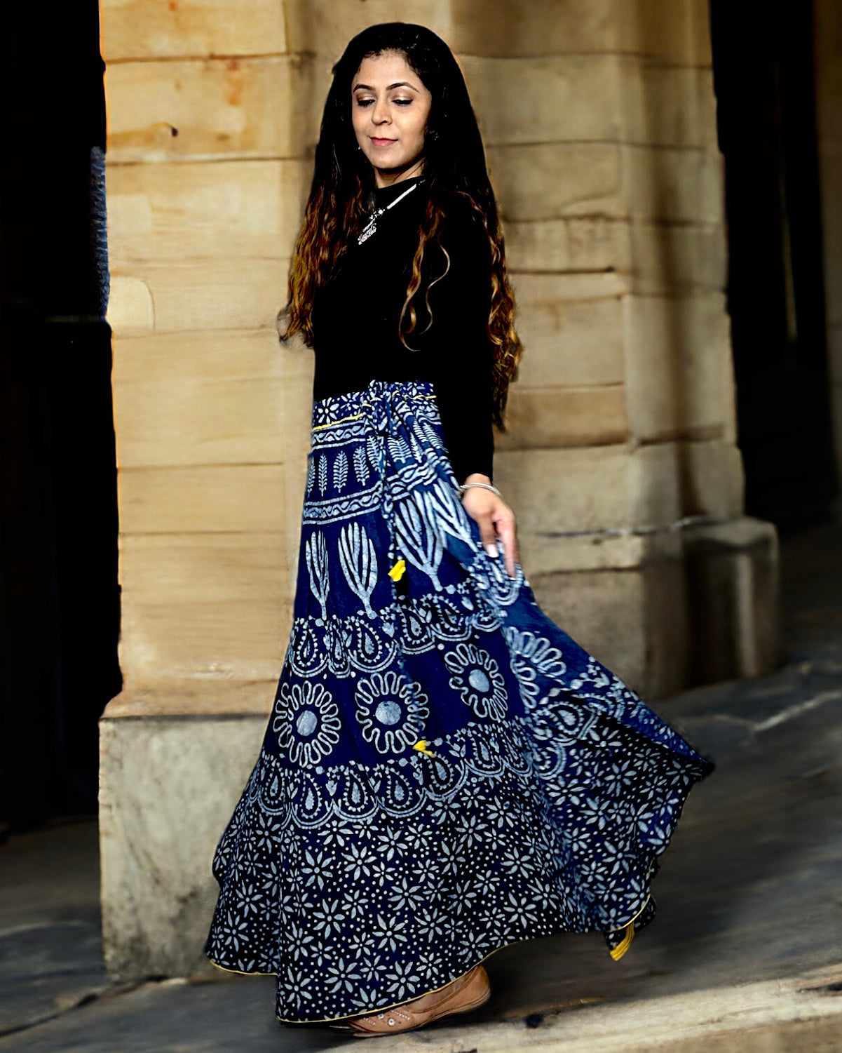 Handblock Cotton Long Skirt - Blue