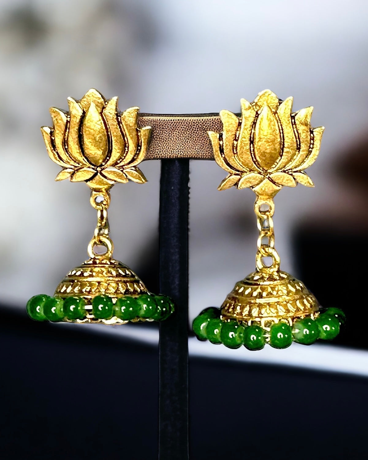 Golden Lotus Drops with Jhumki and Green Beads