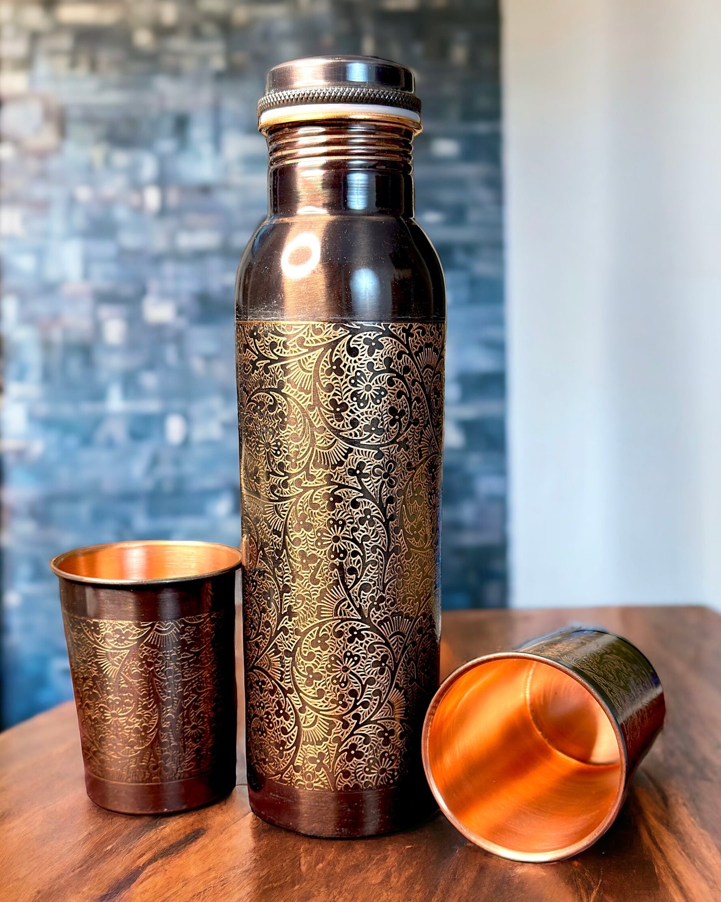 Engraved Antique Style Copper Water Bottle with 2 Glasses