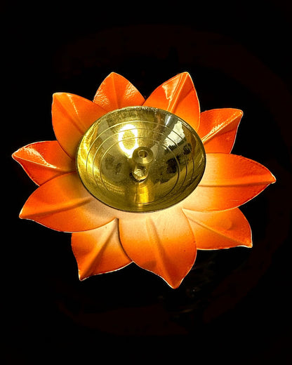 Brass Lotus Shaped Diya (Blue)