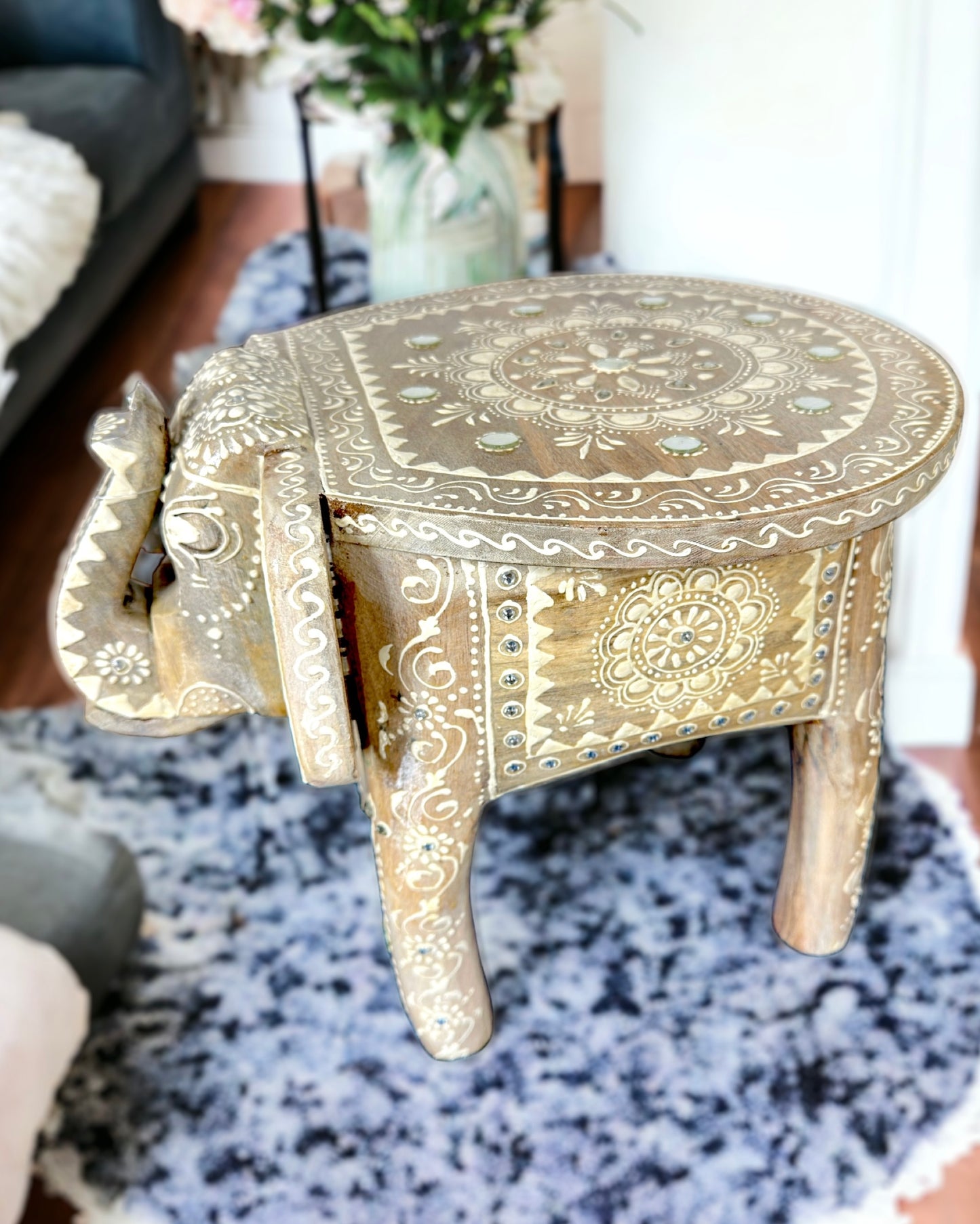 Artisanal Elephant Stool - Embossed Paint and Mirror Work in Antique White (12 inches)