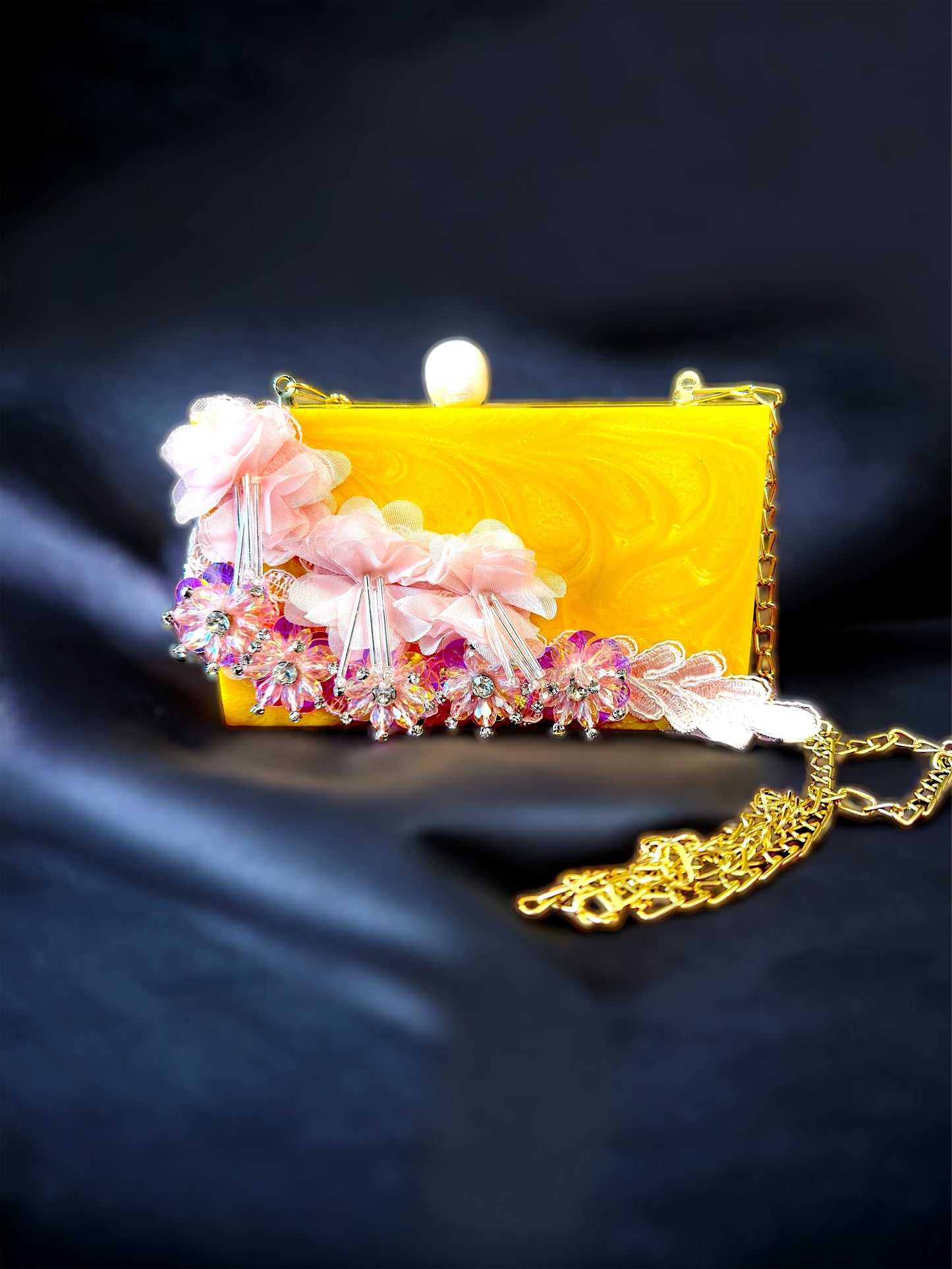 Handcrafted Flowers on Resin Clutch