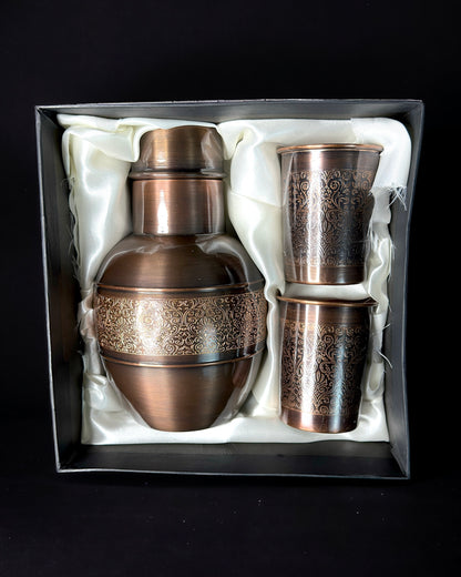 Copper Surahi/ Vessel in Antique Style Engraving with Two Glasses - Chocolate Brown in Colour. 1000 ml