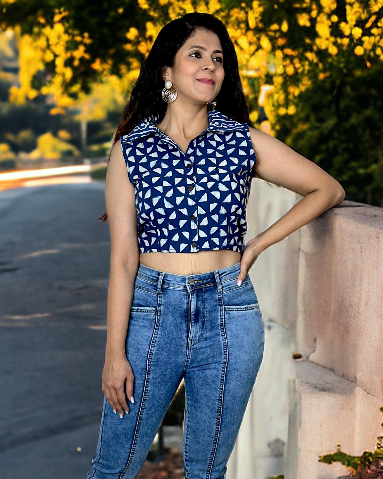 Handblock Sleeveless REVERSIBLE Crop Top - Blue/ Blue