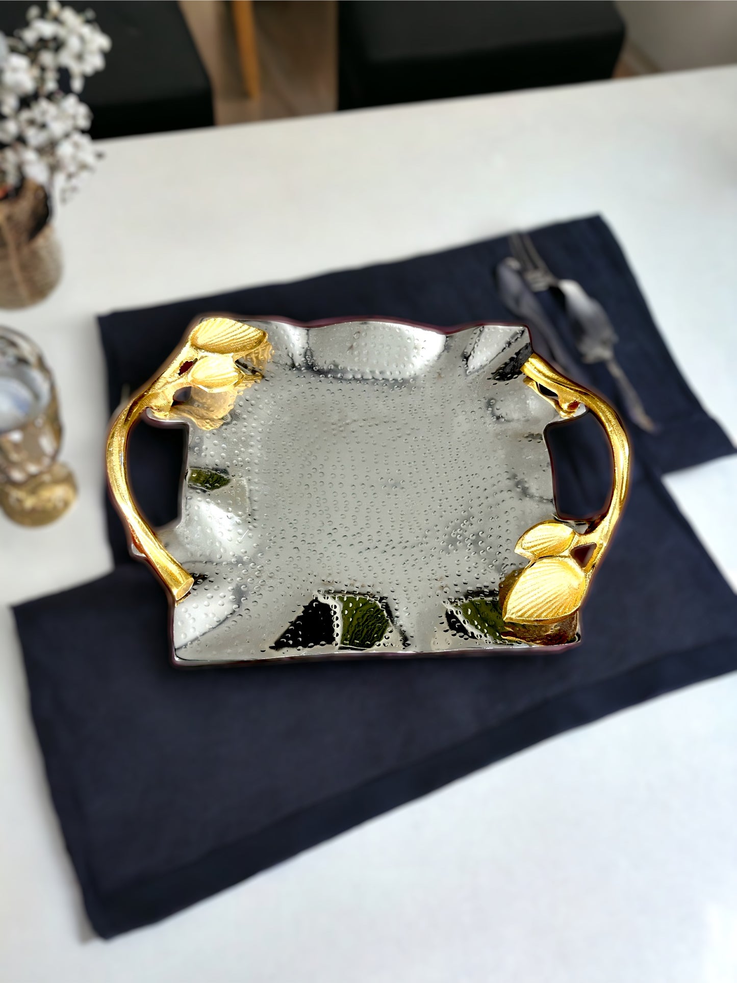 Square Shaped Hammered Stainless Steel Platter with Brass Leaf Shaped Gold Finish Handles