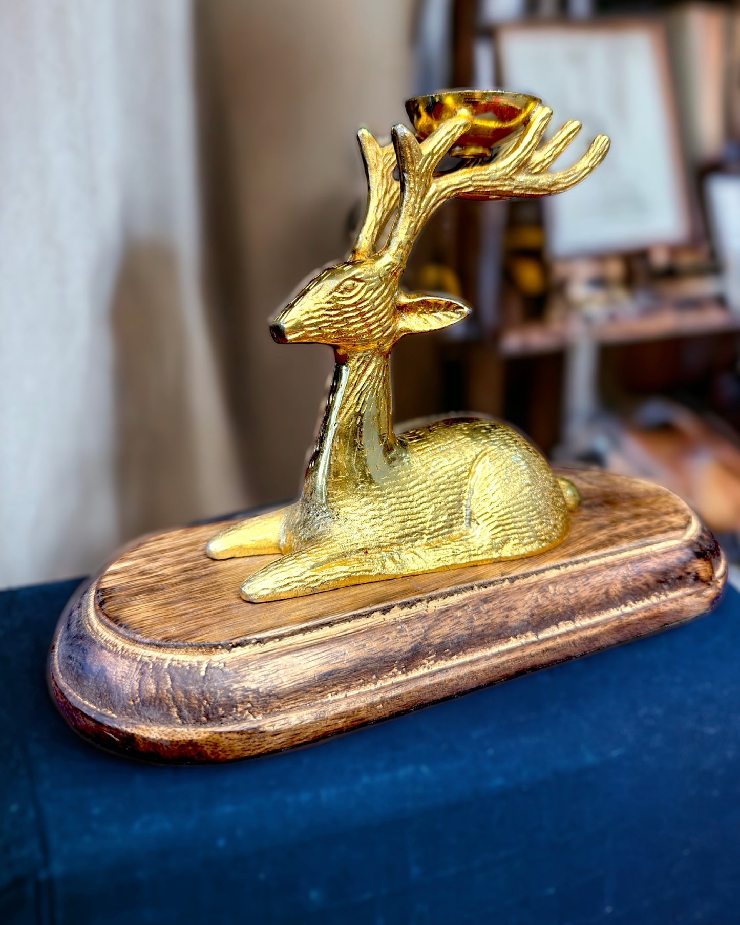 Brass Deer on Wooden Plaque Candle Holder - 9 inches