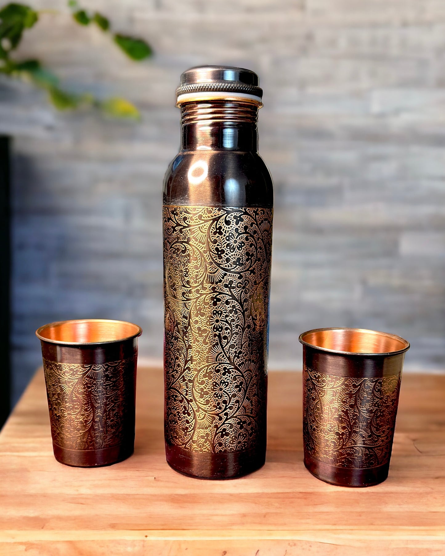 Engraved Antique Style Copper Water Bottle with 2 Glasses