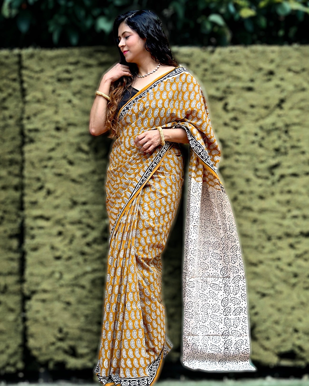 Handblock Cotton Saree - Mustard Colour