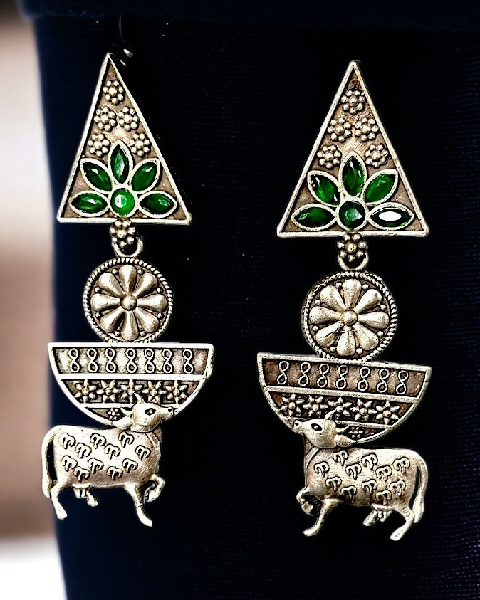 Oxidised Pyramid and Cow with Green Stones - Earrings