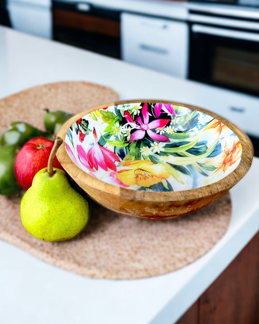 Hand Crafted Serving Bowl Wooden Enamel Flower Print - 8 inches