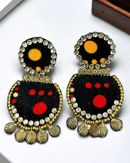 Fabric (Black) Kundan Work 2 Layer Earrings