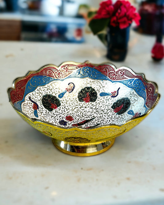 Brass Bowl with Meenakari Work (inside and outside) Peacock Design - 5 inches