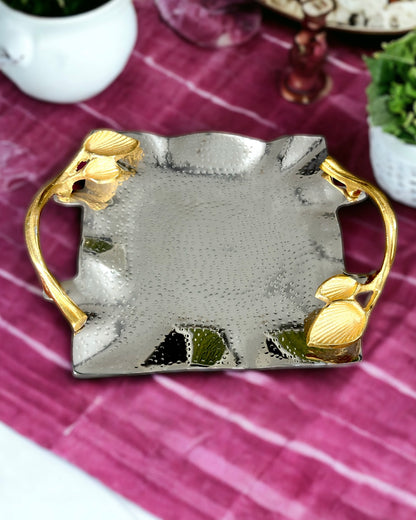 Square Shaped Hammered Stainless Steel Platter with Brass Leaf Shaped Gold Finish Handles