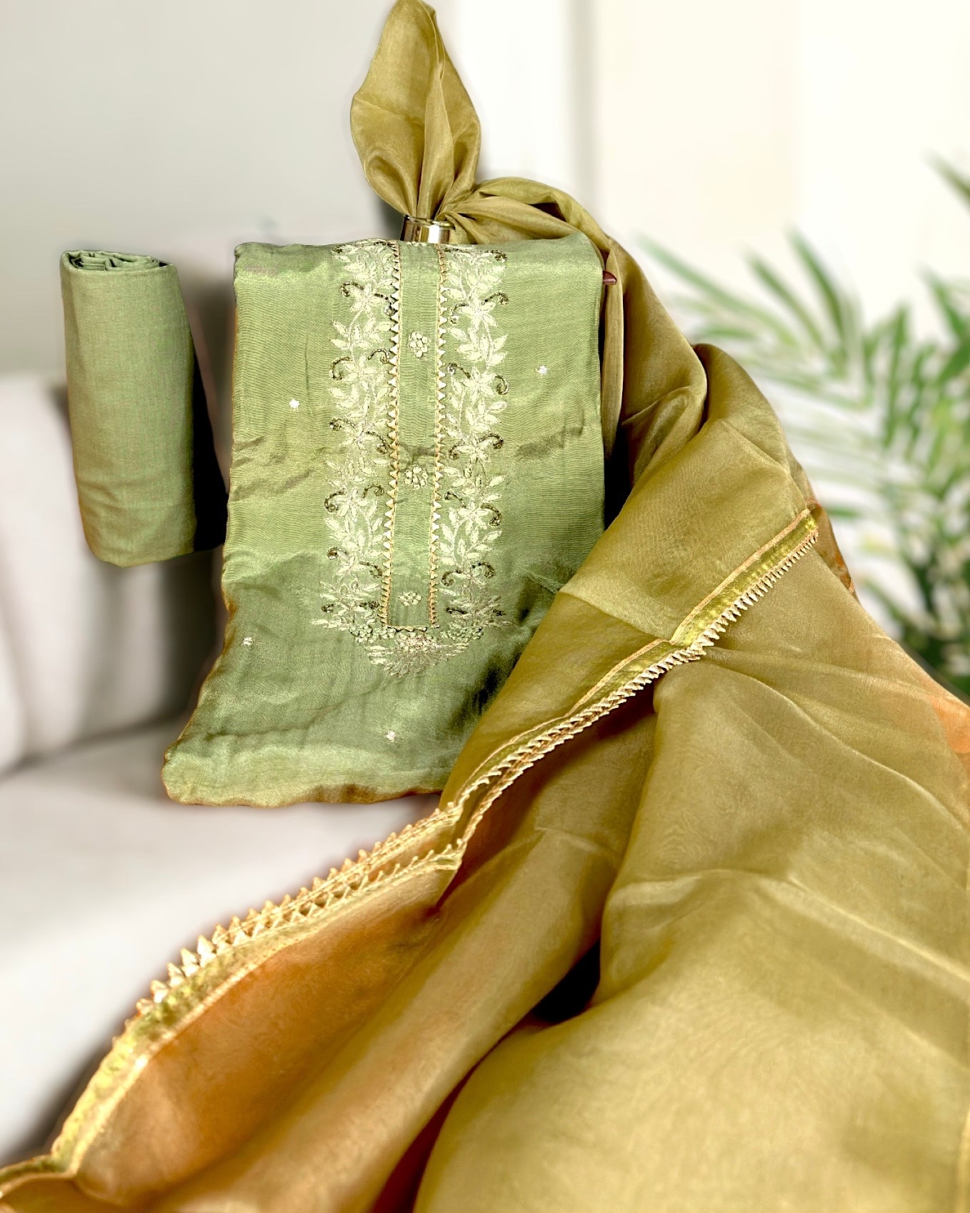 Muslin Suit Fabric with Threadwork and Organza Dupatta