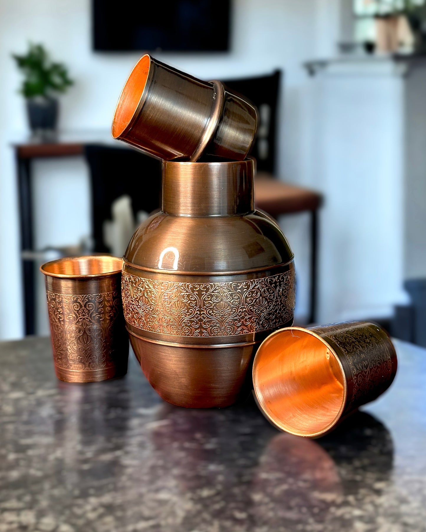 Copper Surahi/ Vessel in Antique Style Engraving with Two Glasses - Chocolate Brown in Colour. 1000 ml