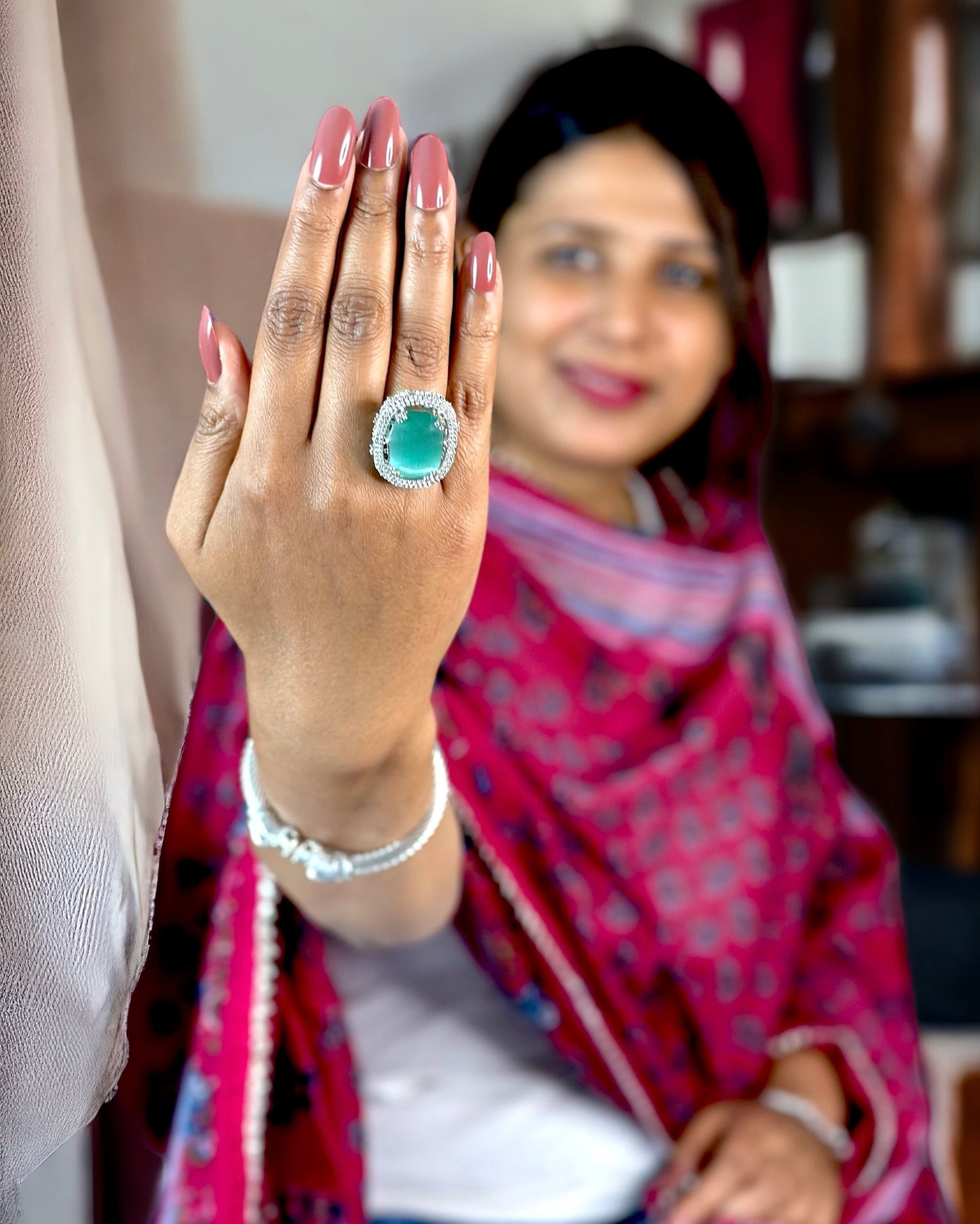 American Diamond with Green Oval Stone Ring