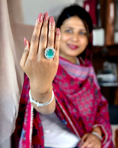 American Diamond with Green Oval Stone Ring