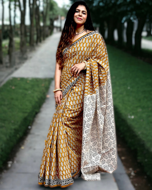 Handblock Cotton Saree - Mustard Colour