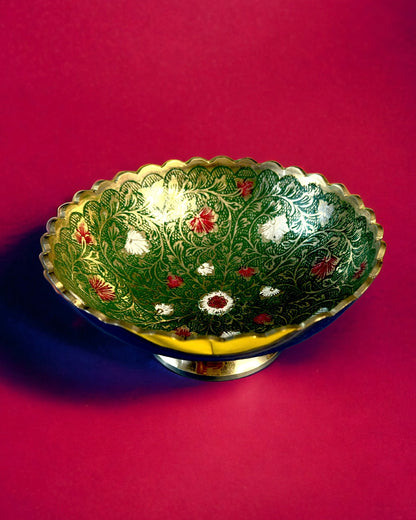 Brass Bowl with Meenakari Work, Green Colour - 6 inches