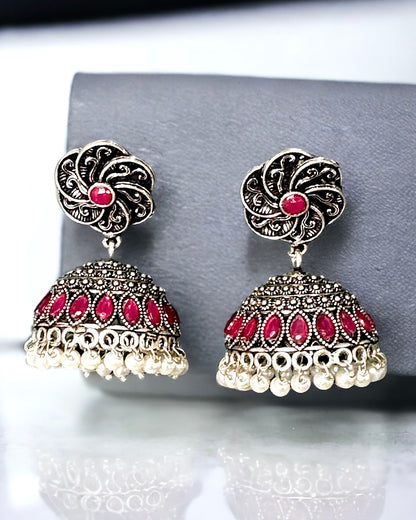 Oxidised Jhumka Earrings with Pink Stones