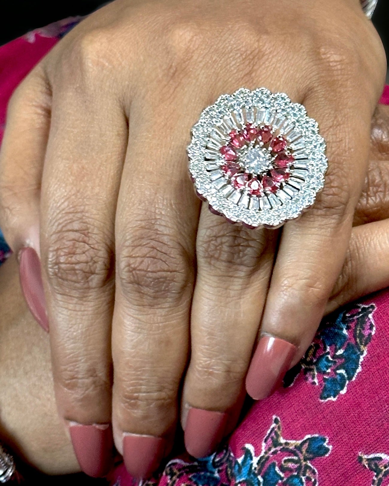 American Diamond Flower Shaped Ring with Pink Stones