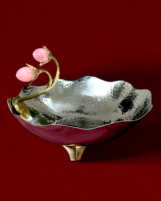 Hammered Chrome Finish Designer Stainless Steel Bowl with Elegant Rose Buds