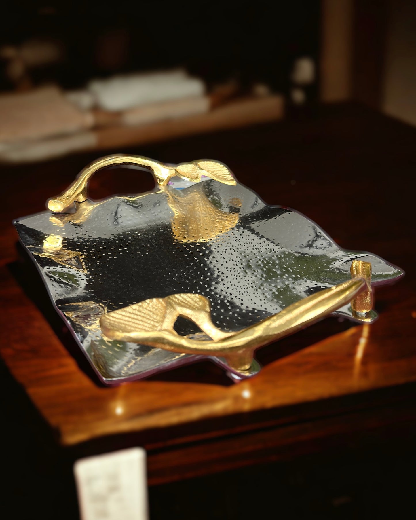 Square Shaped Hammered Stainless Steel Platter with Brass Leaf Shaped Gold Finish Handles