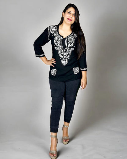 Chikankari Short Kurta - Black with White Embroidery