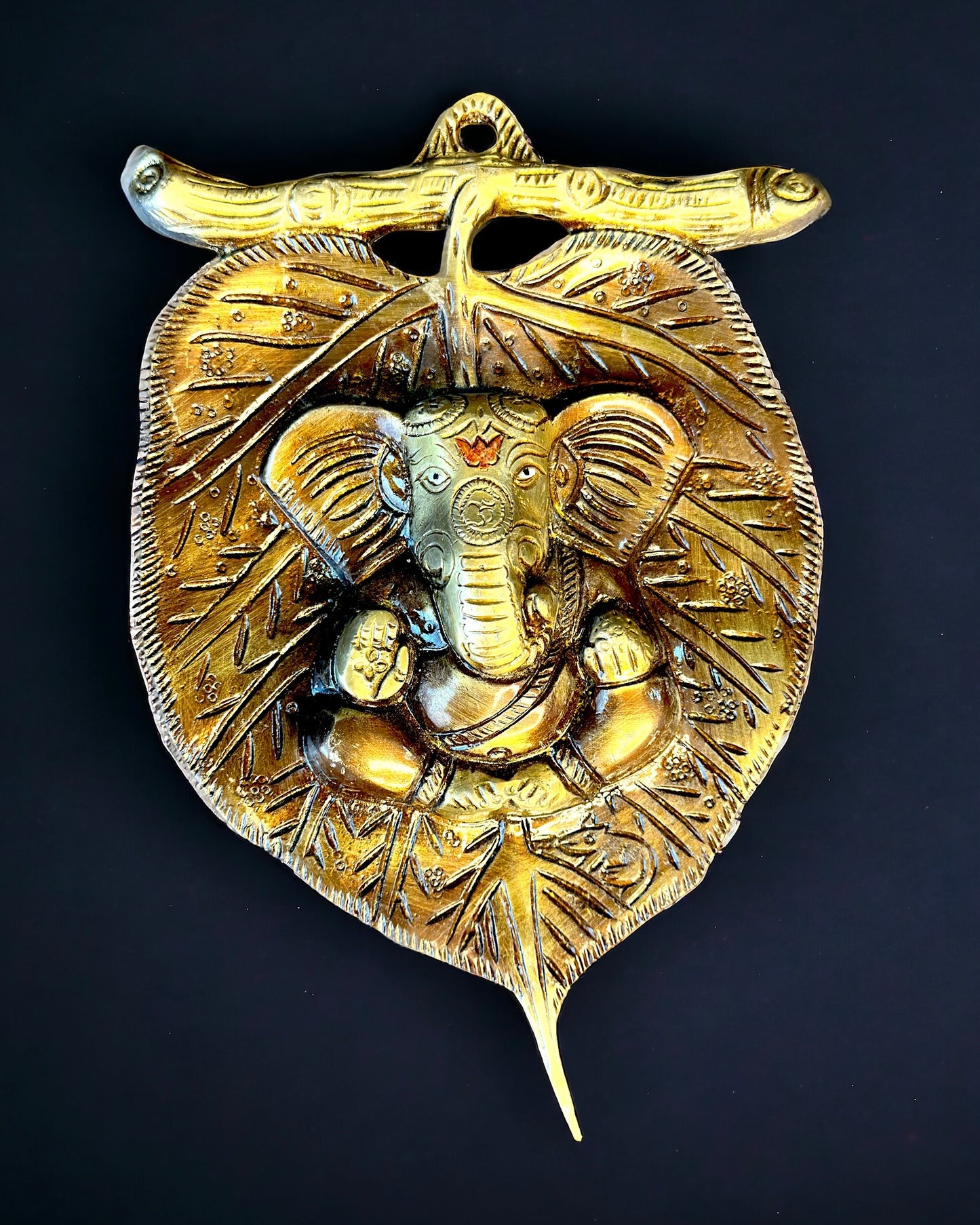 Brass Lord Ganesha Leaf Wall Hanging - 9 inches