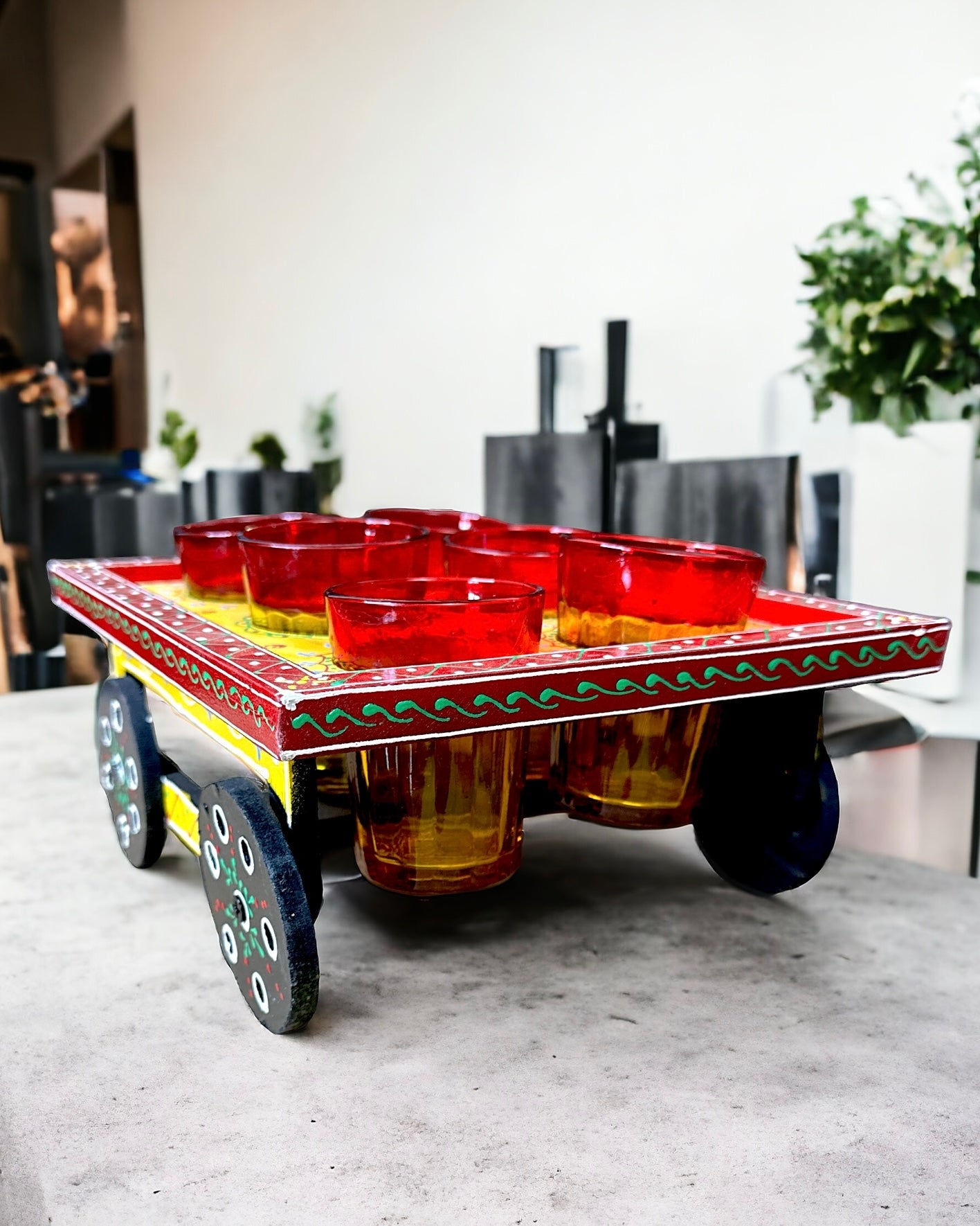 Handmade Cart with 6 Decorative Glasses