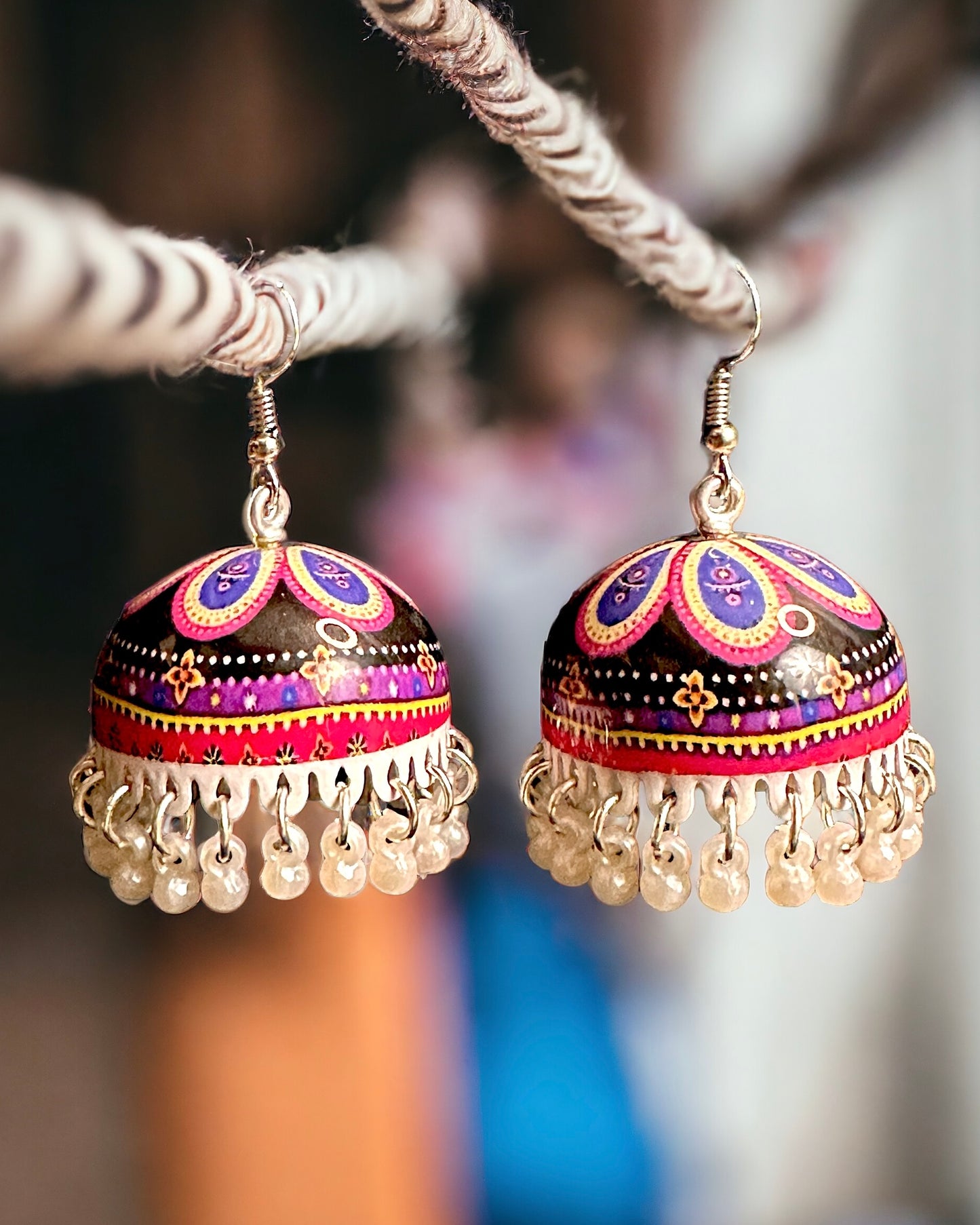 Hand Painted Jhumka Earrings - Black