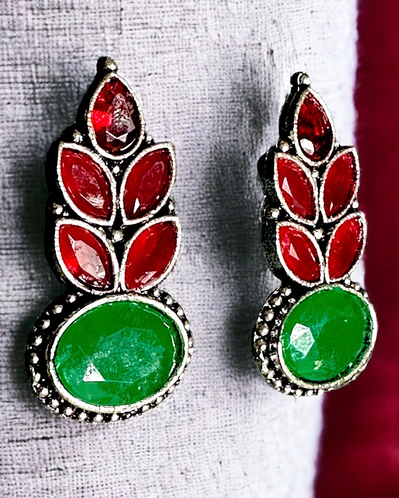 Oxidised Leaf Design Earrings - Red/ Green Stones