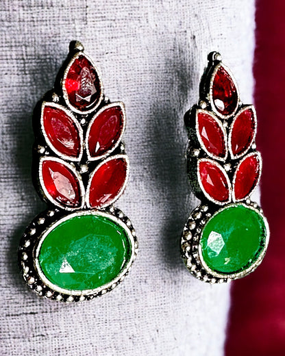 Oxidised Leaf Design Earrings - Red/ Green Stones