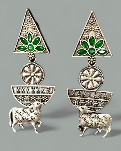 Oxidised Pyramid and Cow with Green Stones - Earrings