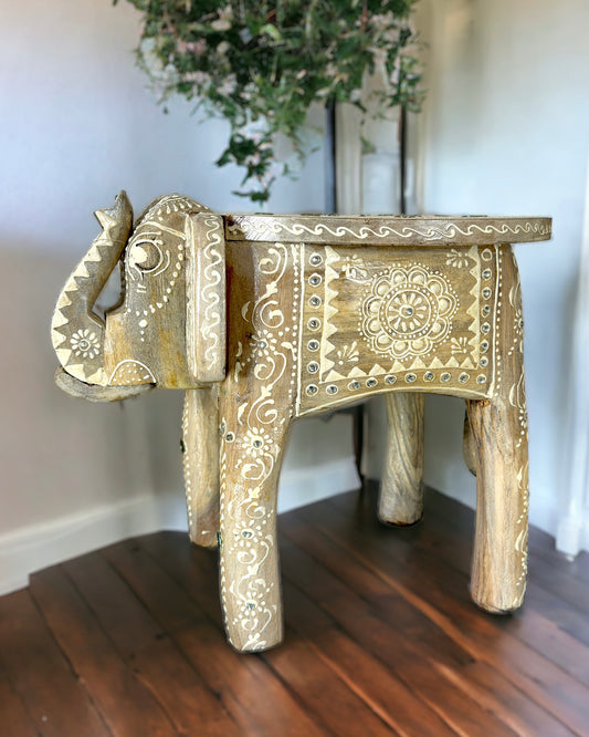 Artisanal Elephant Stool - Embossed Paint and Mirror Work in Antique White (12 inches)