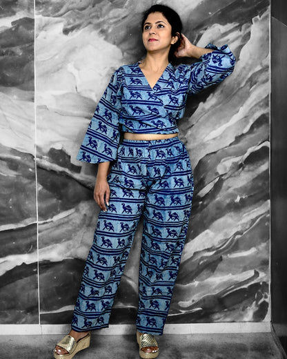 Artisanal Handblock, Crop Top Co-ord Set Elephant Print