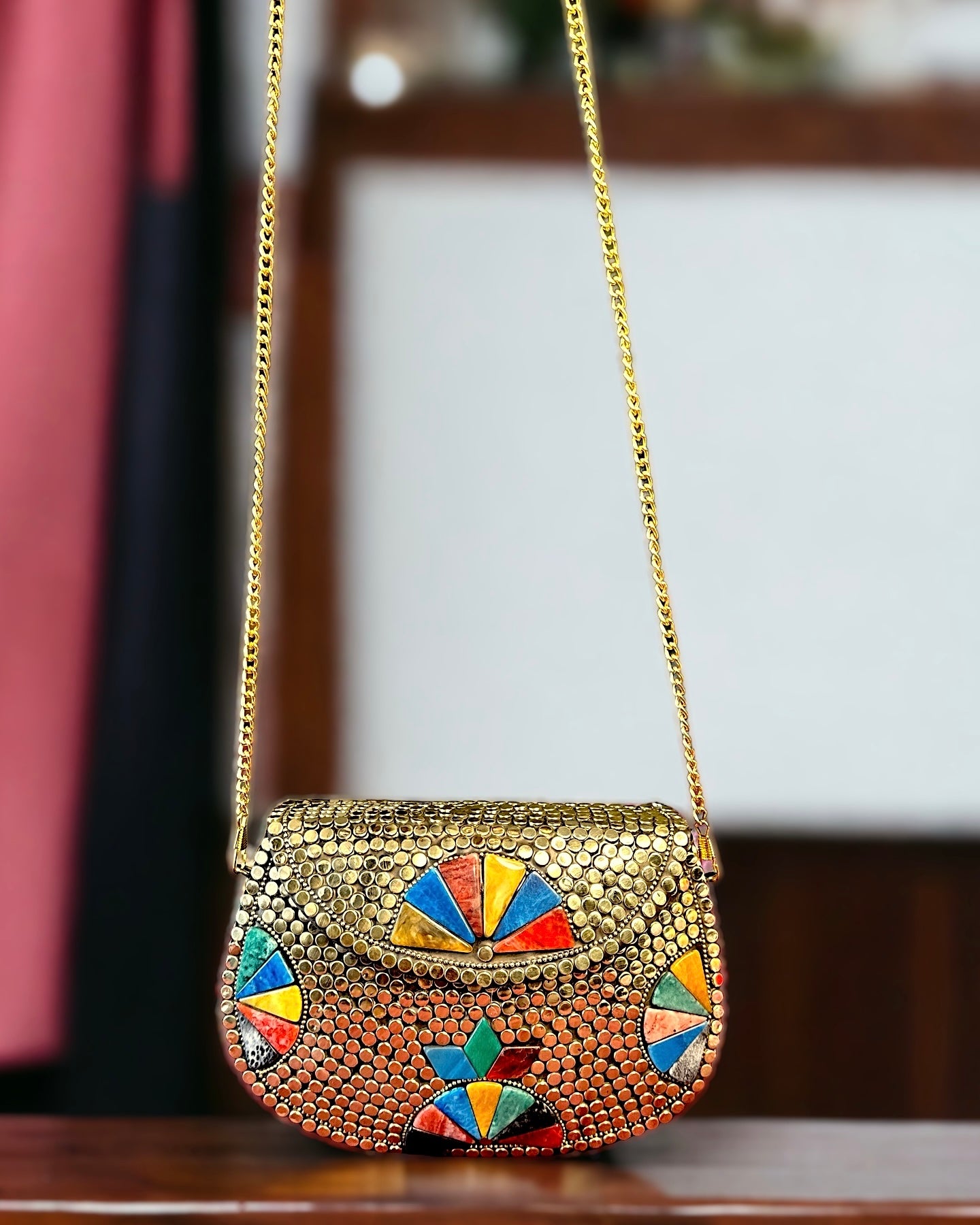 Embellished Gold and Multi Colour Mosaic Metal Clutch