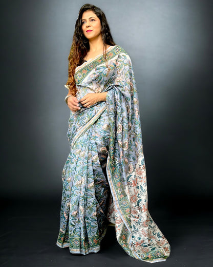 Chanderi Silk Handblock Flower Print Saree