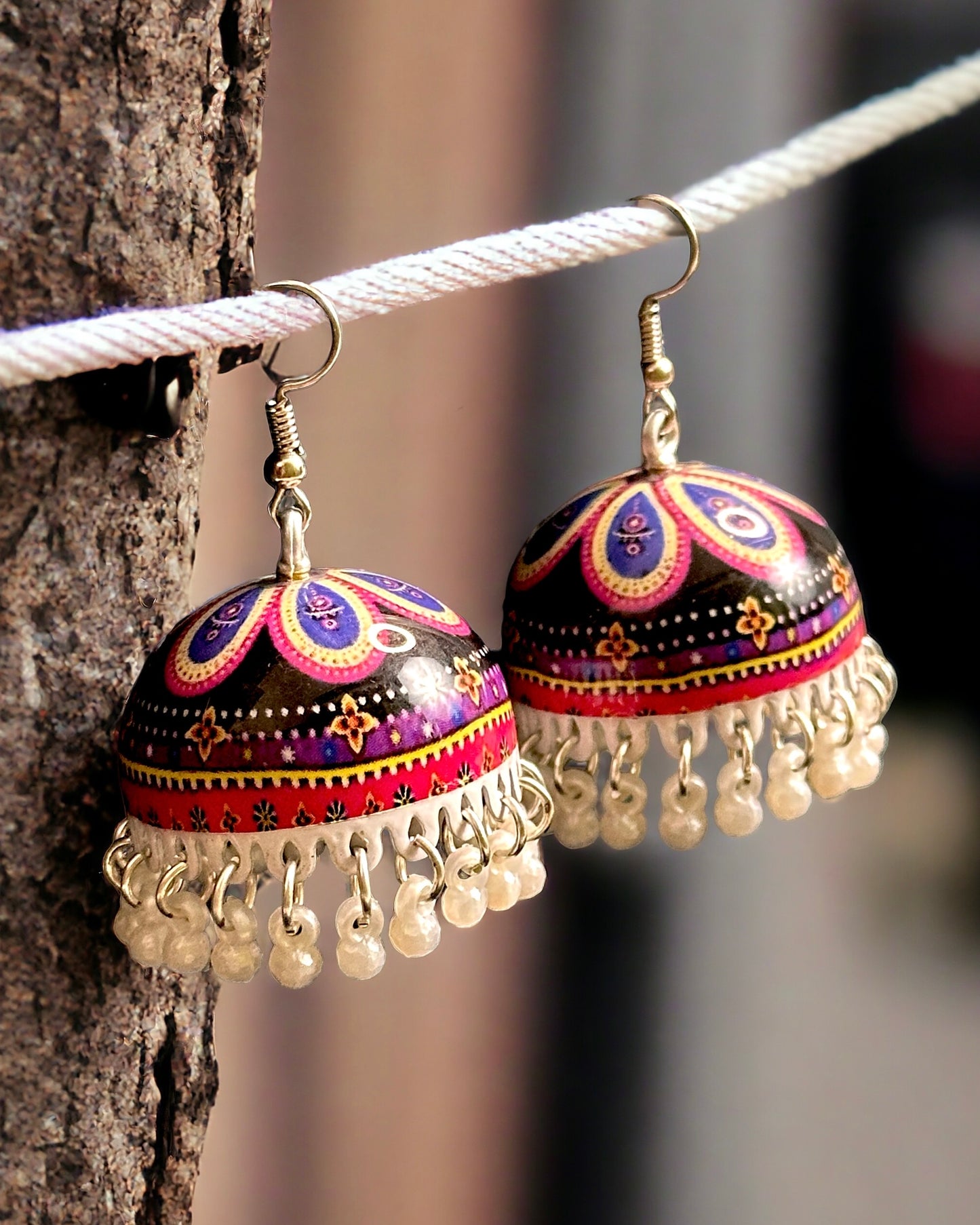 Hand Painted Jhumka Earrings - Black