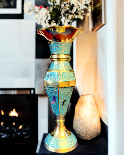 Brass Metal Teal Blue Flower Vase - 7.5 inches