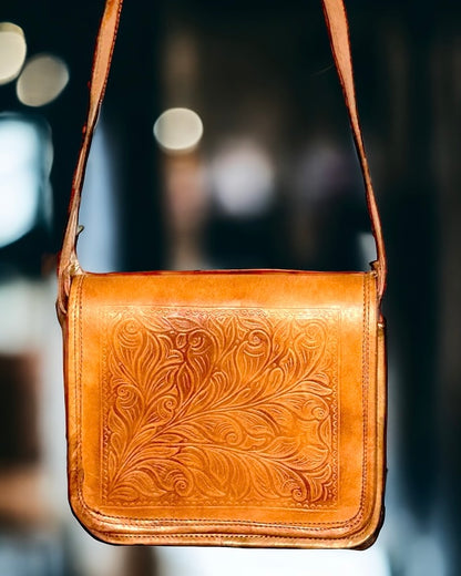 Camel Leather Handmade Sling Bag with Embossed Leaf Art