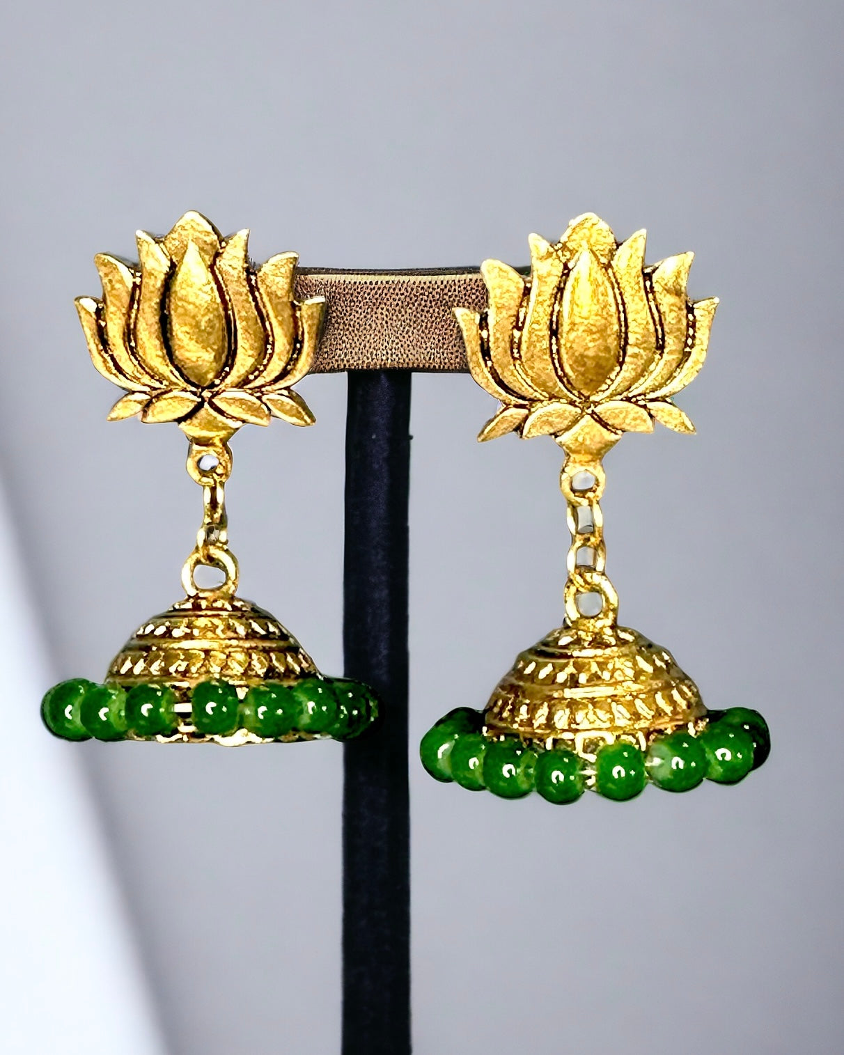 Golden Lotus Drops with Jhumki and Green Beads