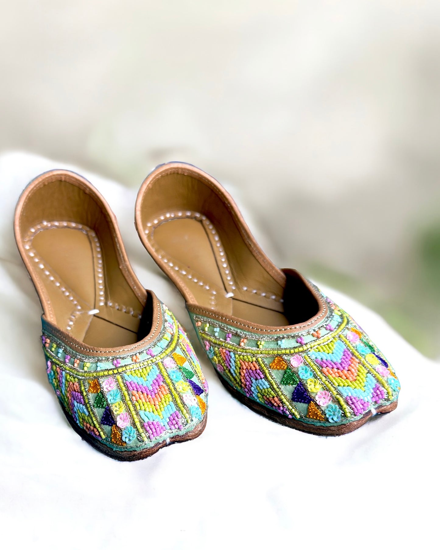 Artisanal Jutti - Light Green Multicolor Cut Dana Work (Pure Leather)