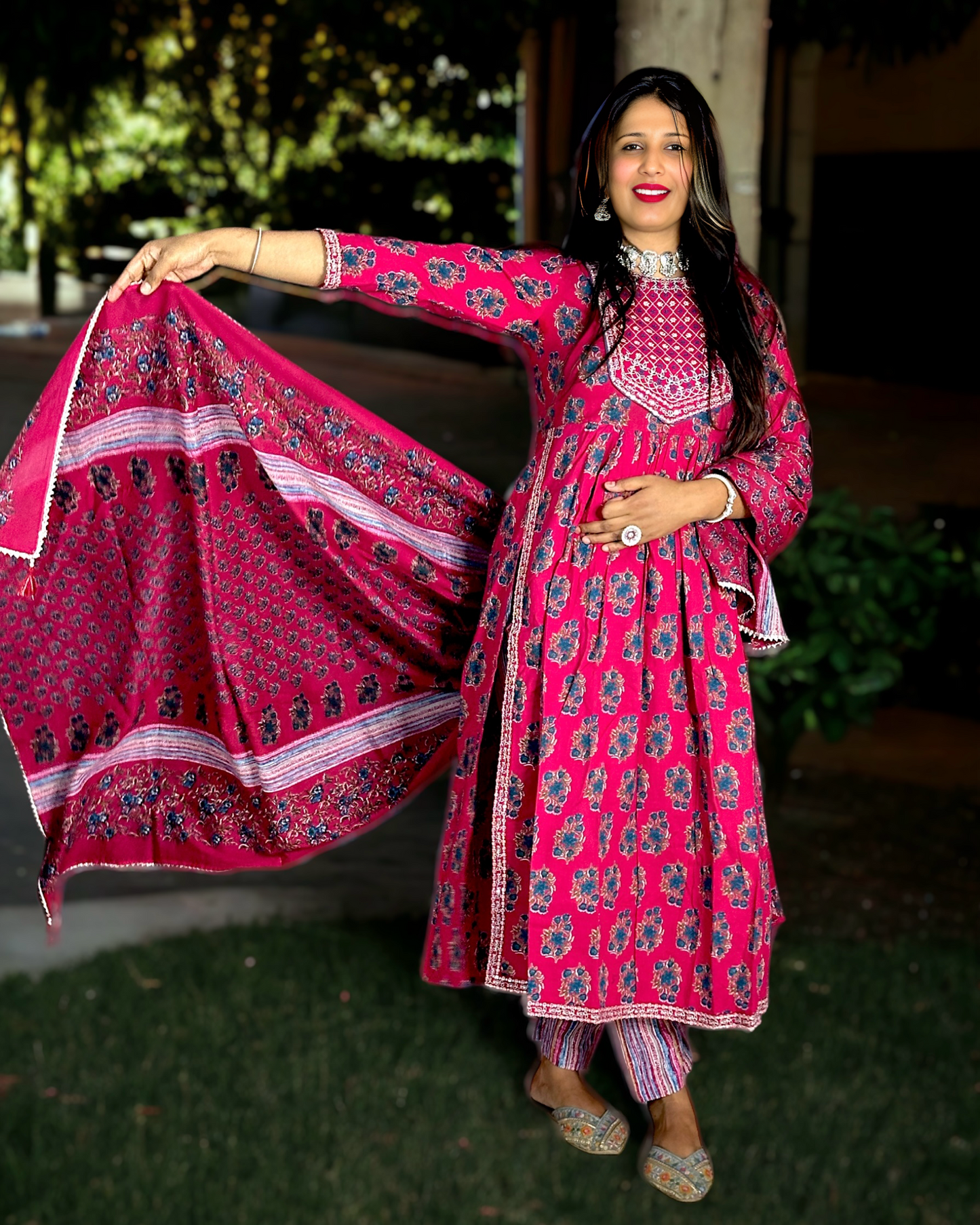 Nyra Cut Cotton 3- piece Hot Pink Suit with Striped Pants and Cotton Dupatta