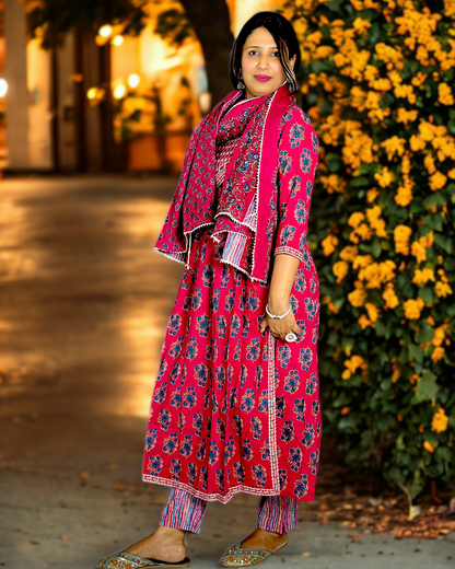 Nyra Cut Cotton 3- piece Hot Pink Suit with Striped Pants and Cotton Dupatta