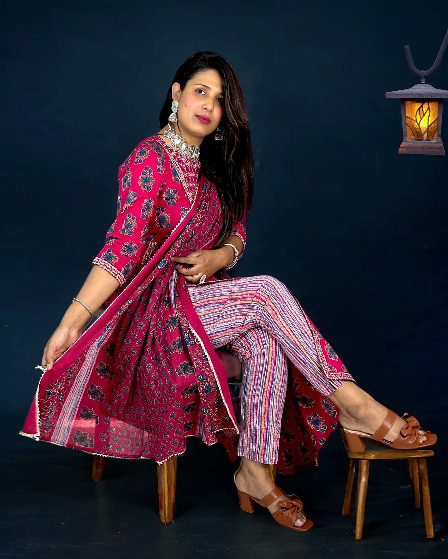 Nyra Cut Cotton 3- piece Hot Pink Suit with Striped Pants and Cotton Dupatta