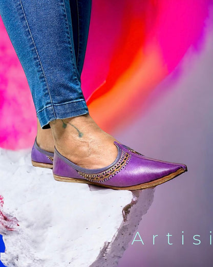 Artisanal Purple Pure Leather Slip-on Women Shoes with Embroidery Inspired by Rajasthani Mojari Craftsmanship