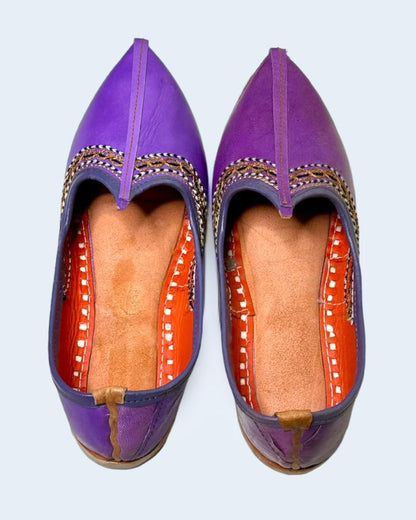 Artisanal Purple Pure Leather Slip-on Women Shoes with Embroidery Inspired by Rajasthani Mojari Craftsmanship