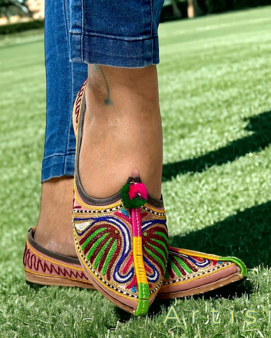 Artisanal Multicolor Leather Slip-on Women Shoes Inspired by Rajasthani Mojari Craftsmanship